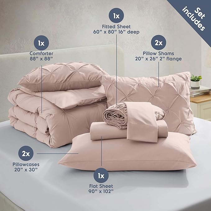 Nestl Queen Comforter Set 7 Piece - Pinch Pleated Comforters Queen Size Blush Pink, Bed in a Bag Queen All Season, Queen Size Comforter Set Bedding with Flat Sheet, Fitted Sheet, Pillowcases and Shams