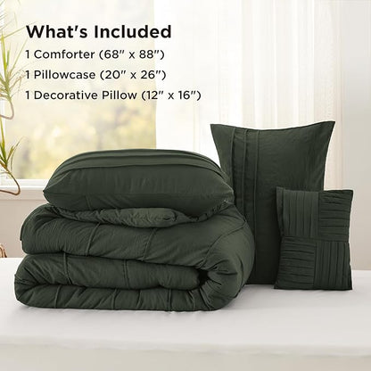 Bedsure Twin Comforter Set - 3 Pieces Pinch Pleat Bed Set, Olive Green Boho Bedding for All Season, 1 Soft Comforter, 1 Pillowcase, 1 Decorative Pillow