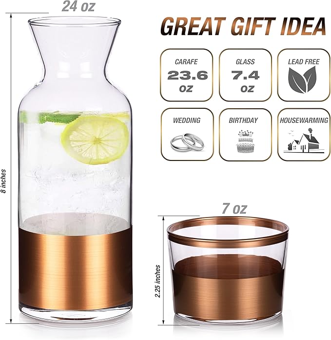 GARIZZE Bedside Water Carafe and Glass Set for Bedroom, Bedside Carafe and Glass Set, Mouthwash Decanter for Bathroom, Water Carafe with Glass Cup for Nightstand (24-oz/7-oz) (COPPER) Standard Pack