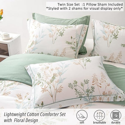 Natural Cotton 2pcs Botanical Comforter Sets Twin Size-Green Comforter with Luxurious Tan & Gray Leaves on White, Reversible Lightweight Floral Bedding Sets(Twin 68"×90")