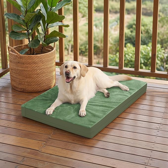 Outdoor Dog Beds Waterproof Washable, XXL Crate Pad 48 inch Extra Large Sized Leather Foam Pet Bed with Removable Cover Reversible, Jumbo Anti-Slip Kennel Pad, 47"x29", Green