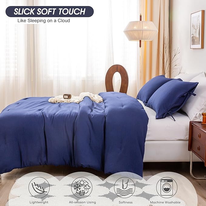Softness Cal King Comforter Set, Comfy Washed Polycotton Fabric, Cozy Down Alternative Bed Blanket Comforter and Pillowcase Lightweight but Warm for All Season Use,California King Navy Blue