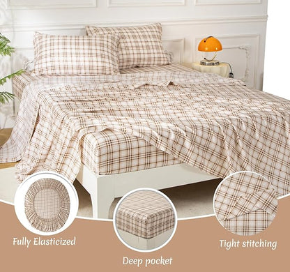 SDY 7PCS Brown Plaid Bedding Set Twin Size, Super Soft Microfiber Gingham Comforter and Sheet Set with 1*Comforter,1* Flat Sheet, 1*Fitted Sheet,2*Pillowcases and 2*PillowcaseShams