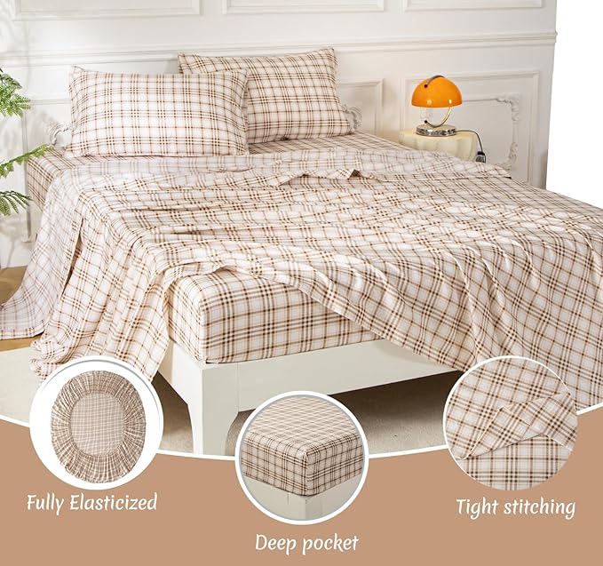SDY 7 Piece Brown Plaid Comforter and Sheet Set,Queen Size Gingham Bedding Set,Super Soft Microfiber with 1*Comforter,1* Flat Sheet, 1*Fitted Sheet,2*Pillowcases and 2*PillowcaseShams