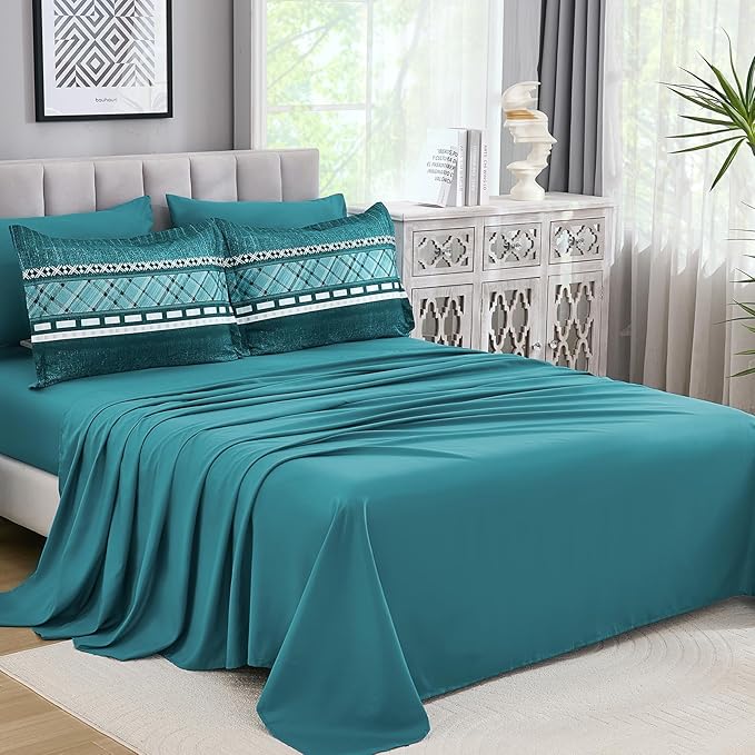 WONGS BEDDING 8 Piece King Size Comforter Set, Teal Texture Striped Bed in a Bag Comforter and Sheet Set, Boho Lightweight Microfiber Bedding Set for All Season (90"×104")