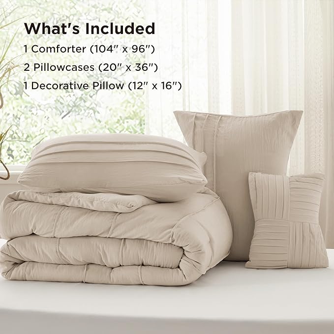 Bedsure California King Comforter Set - 4 Pieces Pinch Pleat Bed Set, Linen Boho Bedding for All Season, 1 Soft Comforter, 2 Pillowcases, 1 Decorative Pillow