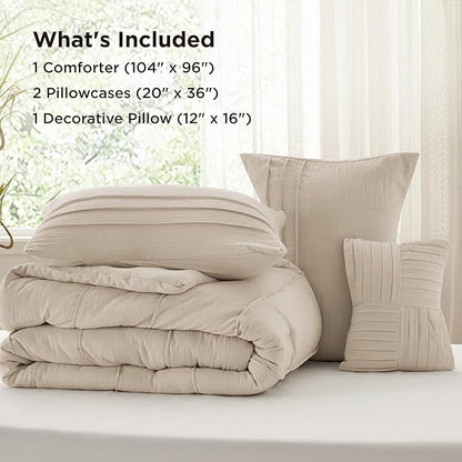 Bedsure California King Comforter Set - 4 Pieces Pinch Pleat Bed Set, Linen Boho Bedding for All Season, 1 Soft Comforter, 2 Pillowcases, 1 Decorative Pillow