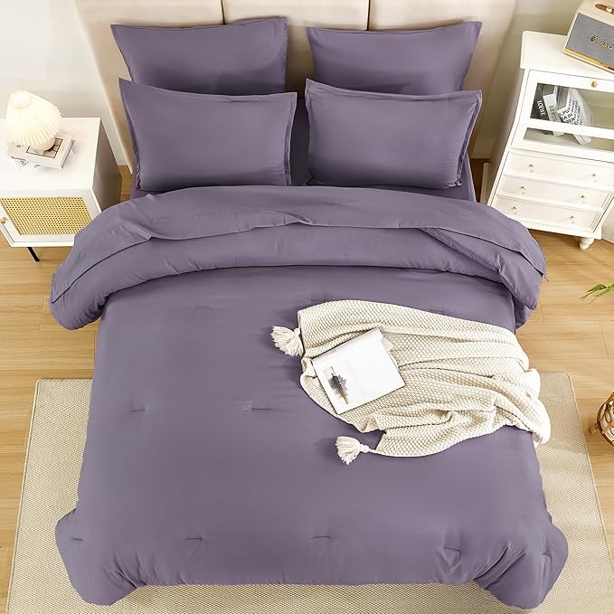 Litanika Full Size Comforter Sets Grey Purple - 7 Pieces Bed in a Bag Full Bedding Comforter Sets, Solid Lightweight Bed Set with Comforter, Sheets, Pillowcases & Shams