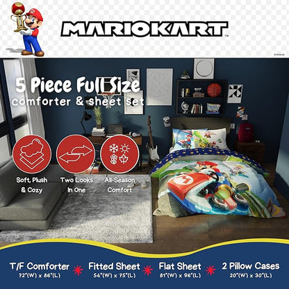 Super Mario Kart Game Kids Bedding Set, Full Size, 5-Piece Super Soft Cozy Reversible Comforter & Sheet Set (Officially Licensed Product) by Franco | Durable, Reversible, Officially Licensed