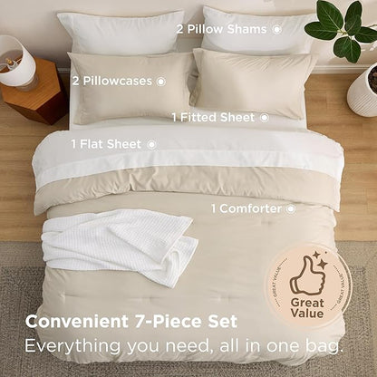 Bedsure Oversized Queen Comforter Set - 7 Pieces Beige Oversized Queen Bedding Set for All Seasons, Boho Contrasting Design Bed in a Bag with Comforter, Sheets, Pillowcases & Shams