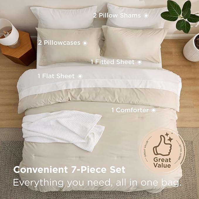 Bedsure Queen Comforter Set - 7 Pieces Beige Queen Bedding Set for All Seasons, Boho Contrasting Design Bed in a Bag with Comforter, Sheets, Pillowcases & Shams