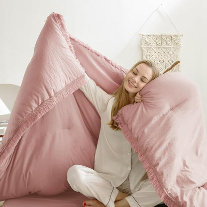 Andency Pink Comforter Set Full Size for Girls, Blush Boho Women Tassel Lightweight Bedding Comforter Sets, 3 Pieces All Season Soft Fluffy Fringe Bed Set (79x90In Comforter & 2 Pillowcases)
