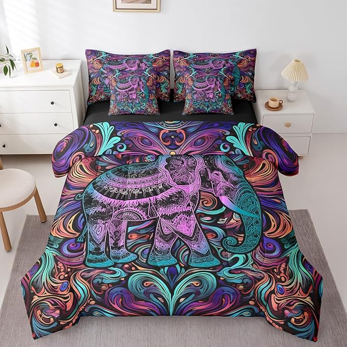 Elephant Comforter Set African Animal Theme Bedding Comforter Sets 7 Pieces Purple Gradient Bed in a Bag Tribal Paisley Full Bedding Sets Jungle Wildlife Bedding Sets & Collections Elephant Decor