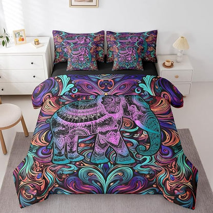 Erosebridal Elephant Queen Size Comforter Set African Animal Theme Bedding Comforter Sets Purple Gradient Bed in a Bag 7pcs Tribal Paisley Bedding Set Jungle Wildlife Bed Set Elephant Decor
