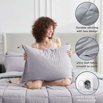 Nestl 7 Piece King Comforter Set – Grey Lavender Reversible Bed in a Bag – Complete King Size Bedding Set with Sheets, Pillowcases and Shams
