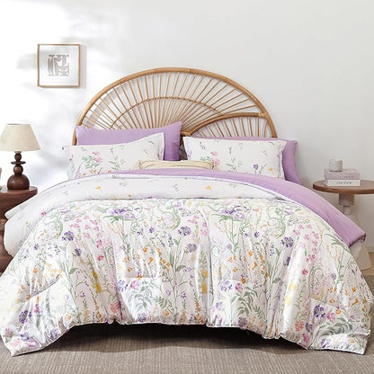 Yiran Purple Floral Comforter Set Queen Size, 7 Piece Cute Flower Comforters Bed in a Bag Lavender, Soft Microfiber Complete Aesthetic Botanical Bedding Set with Sheets for Women Girls