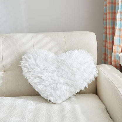 MOOWOO Fluffy Heart Throw Pillow with Pillow Cover and Insert, Shaggy Faux Fur,Valentines Day Decor,Christmas Decorations, Love Pillow (White, Heart Shape-15.7X15.7Inches)