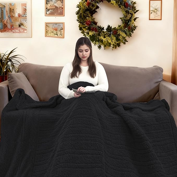 Electric Heated Blanket Full Size 72"×84" with 9 Heating Levels & 1-10Hs Auto Off，Double Sided Plush Sherpa, Energy Efficient, Machine Washable, for Couch & Bed, Black