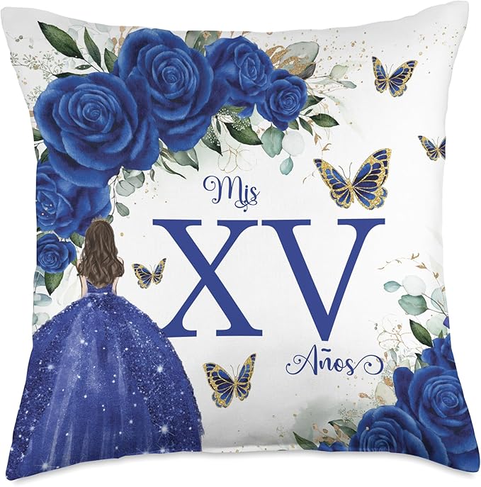 Royal Blue Roses Floral Quinceañera Mis XV Años Throw Pillow Throw Pillow