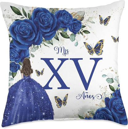 Royal Blue Roses Floral Quinceañera Mis XV Años Throw Pillow Throw Pillow