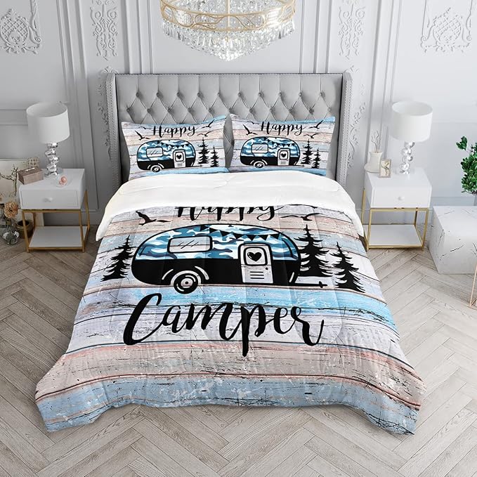 HOSIMA Happy Camping Decor Comforter Set,Camouflage Camper Bedding Queen Size for Kids Teen Girls Boys Room Decor,Camper Accessories for Travel Trailers Themed Bedding with 2 Pillowcases.