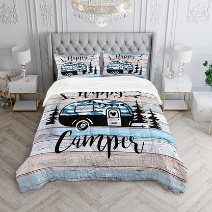 HOSIMA Happy Camping Decor Comforter Set,Camouflage Camper Bedding Twin Size for Kids Teen Girls Boys Room Decor,Camper Accessories for Travel Trailers Themed Bedding with 2 Pillowcases.