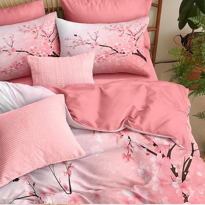 Pink Floral Comforter Set Queen Size Cherry Blossom Bedding Set for Women Girls Japanese Flower Decor Quilt Set - 3Pcs Soft Fluffy Microfiber with 2 Pillowcases(90 * 90)