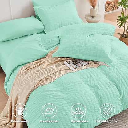 HYMOKEGE Mint Green King Size Comforter Set Seersucker 7 Pieces, All Season Luxury Bed in a Bag for Bedroom, Bedding Set with Comforter, Sheets, Pillowcases & Shams