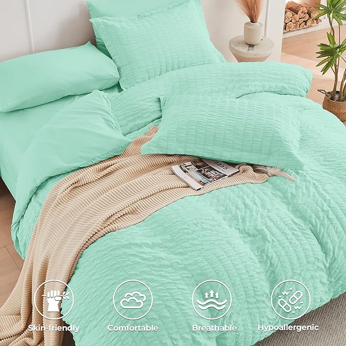 HYMOKEGE Mint Green Full Size Comforter Sets Seersucker 7 Pieces, All Season Luxury Bed in a Bag for Bedroom, Bedding Set with Comforter, Sheets, Pillowcases & Shams