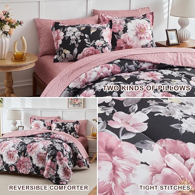 Joyreap 7 Piece Bed in a Bag Queen, Floral Comforter Sheet Set, Tie-dye Pink Flowers on Black Design, All Season Microfiber Bedding Comforter Set