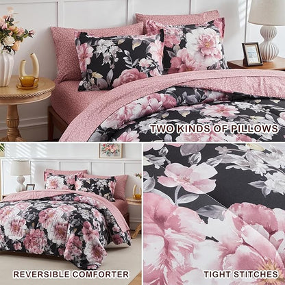 Joyreap 7 Piece Bed in a Bag Queen, Floral Comforter Sheet Set, Tie-dye Pink Flowers on Black Design, All Season Microfiber Bedding Comforter Set