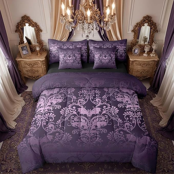 Erosebridal Gothic Damask Bed in a Bag Queen Comforter Set 7 Piece,Halloween Bat Bedding Sets Purple Victorian Floral Goth Sheet Set with Comforter