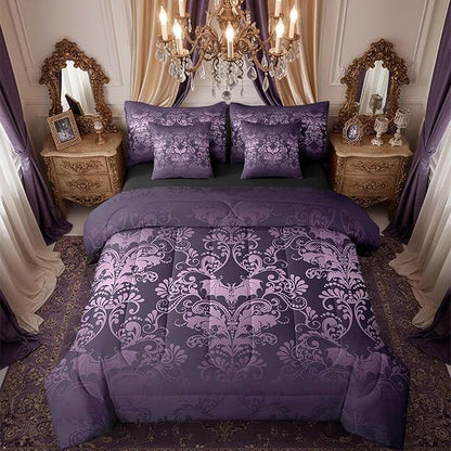 Erosebridal Gothic Damask Bed in a Bag Queen Comforter Set 7 Piece,Halloween Bat Bedding Sets Purple Victorian Floral Goth Sheet Set with Comforter