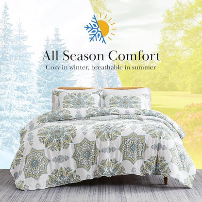 Southshore Fine Living, Inc. Oversized Comforter Full Size Set, Down Alternative Boho Bedding, Paisley Floral Print Bed Spread, Full Size/Queen with 2 Matching Shams, Aqua on White