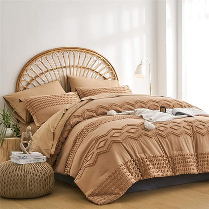 KAKIJUMN Khaki Tufted Comforter Set Queen Size 7 Piece Bed in a Bag, Shabby Chic Boho Comforter and Sheet Set, All Season Soft Microfiber Complete Bedding Set(Khaki,Queen)