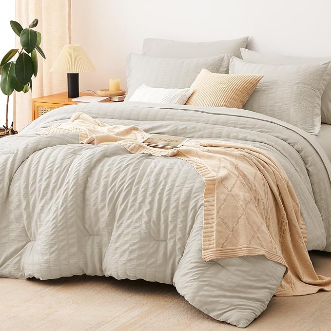 CozyLux King Size Comforter Set Oatmeal Seersucker 7 Pieces Bed in a Bag King Comforter Set with Sheets, Luxury Bedding Set with Down Alternative Comforter, Sheets, Pillowcases & Shams All Seasons
