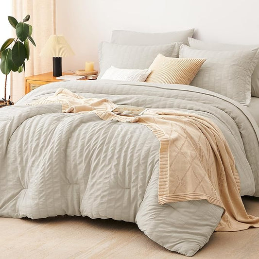 CozyLux King Size Comforter Set Oatmeal Seersucker 7 Pieces Bed in a Bag King Comforter Set with Sheets, Luxury Bedding Set with Down Alternative Comforter, Sheets, Pillowcases & Shams All Seasons