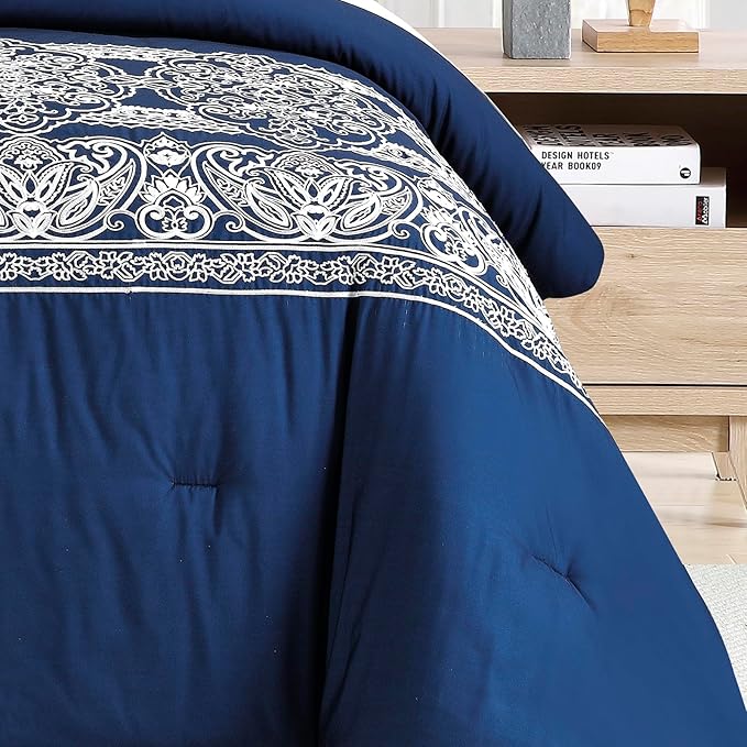 Sunshine Nicole Reversible Comforter Set, Brushed Microfiber Fabric with Embroidery for Front and Printed Microfiber Fabric for Reverse, 3 Pieces Navy Queen
