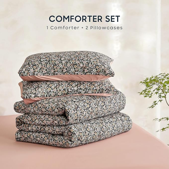 Wake In Cloud - Floral Comforter Set, Cute Vintage Flower Cottagecore Aesthetic for Women Teen Girls, Soft Lightweight Dorm Bedding, 3 Pieces, Black, Full Size