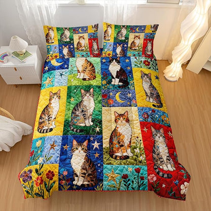 Cartoon Cat Comforter Set Full Size 3PCS,Cat Puzzle Bedding Set for Teen Adult,Floral Cat Animal Themed Room Decor Ultra-Soft Lightweight Microfiber with 2 Pillowcases