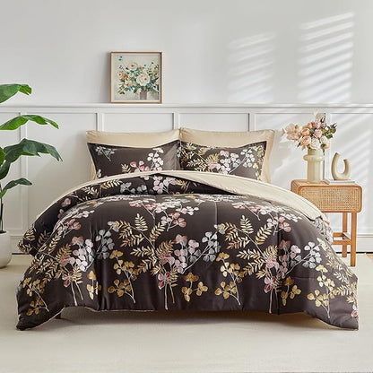 AIKASY Bed in a Bag 7 Pieces Queen Size - Floral Print - Soft Microfiber, Reversible Bed Comforter Set (1 Comforter, 2 Pillow Shams, 1 Flat Sheet, 1 Fitted Sheet, 2 Pillowcases)（Black, Queen）