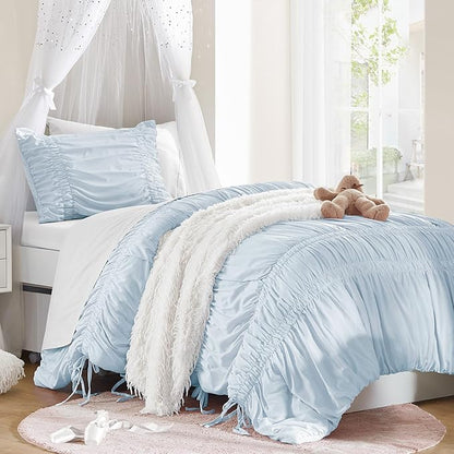 Intelligent Design Ruched Shabby Chic Comforters for Twin Size Bed, All Season Lightweight Comforter Twin, French Country Bedding Set, Sham, Ella, Twin/Twin XL, Blue, 2 Piece