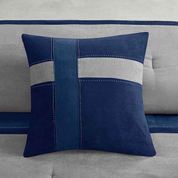 Madison Park Palisades Comforter Set Modern Faux Suede Pieced Stripe Design, All Season Down Alternative Cozy Bedding with Matching Shams, Decorative Pillows, King(104"x92"), Blue 7 Piece