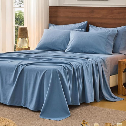 Bedlifes 100% French Pure Linen Sheets Queen Size Breathable and Cooling Flax Sheet Set Soft Durable and Moisture Wicking 16 Inch Deep Pocket-4 Piece(Queen,Flint Blue)