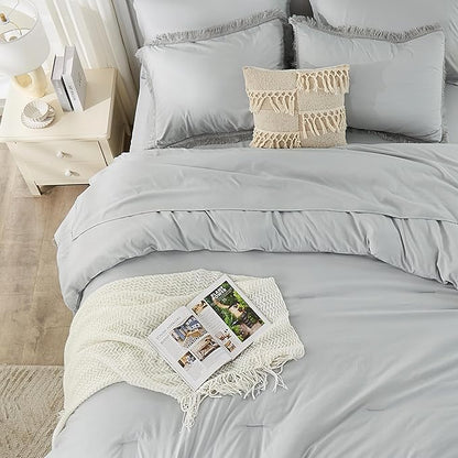 Andency Light Grey Queen Size Comforter Set with Sheets - 7 Pieces Boho Tassel Bed in a Bag Soft Lightweight Bedding Sets, Light Grey Fringe Bed Set with Comforter, Sheets, Pillowcases & Shams