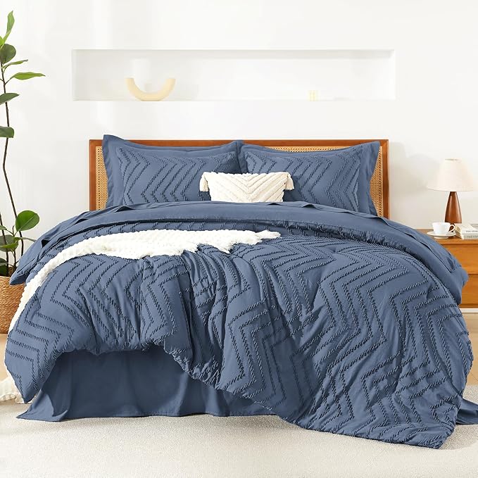 Litanika King Size Comforter Set with Sheets Ocean Blue - 7 Pieces Bed in a Bag King Chevron Tufted Complete Bedding Sets with Comforter, Sheets, Pillowcases & Shams