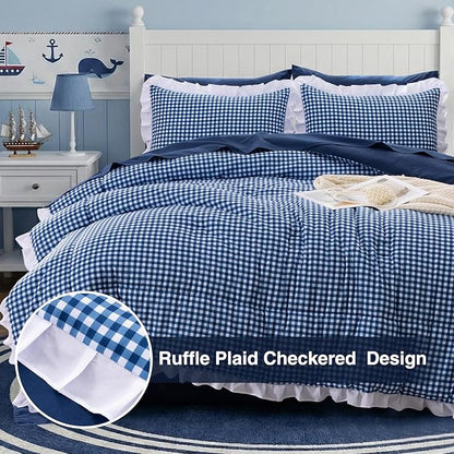 A Nice Night Comforter 5Pcs Queen Size,Navy Ruffle Comforter for Dorm Room Essentials for Twin Bed,Plaid Checkered Chic Bedding Bed in a Bag for Girls