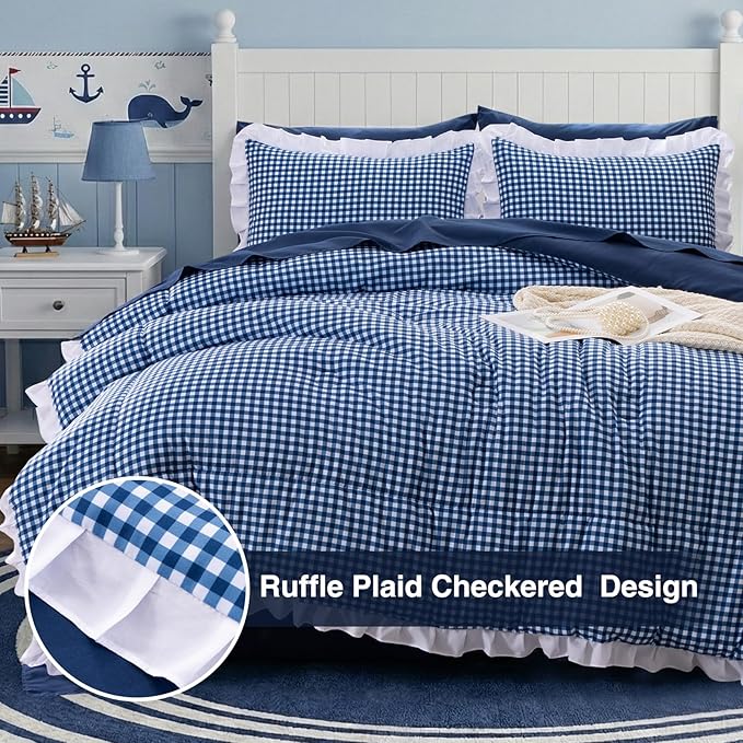 A Nice Night Comforter 5Pcs Twin Size,Navy Ruffle Comforter for Dorm Room Essentials for Twin Bed,Plaid Checkered Chic Bedding Bed in a Bag for Girls