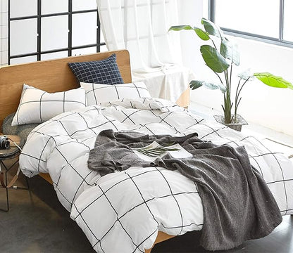CLOTHKNOW White Plaid Comforter Set Twin/Twin XL 3Pcs Grid Bedding Comforter Sets White Black Comforter with 2 x Pillow Cases