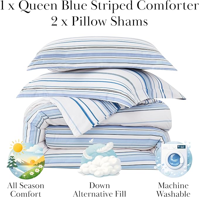 Southshore Fine Living, Inc. 3-Piece Queen Comforter Set, Down Alternative Blue Comforter Full Size with 2 Pillow Shams, Microfiber Bedding Set, Full or Queen Bed, Coastal Stripes Blue